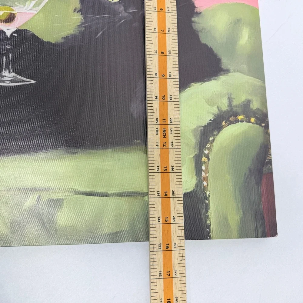 Black Cat Martini Canvas Wall Art Pink Green Whimsical Decor 16x24